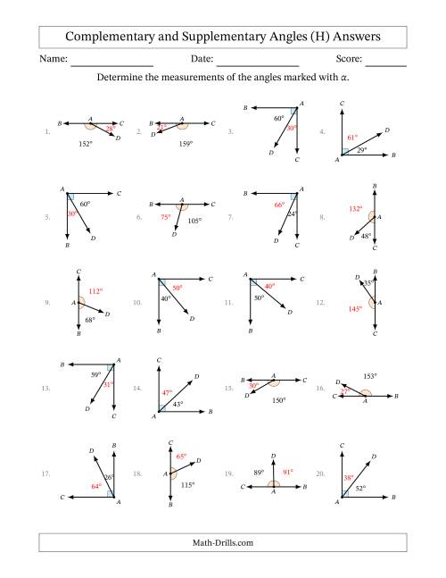 The Complementary and Supplementary Angle Relationships with Rotated Diagrams (H) Math Worksheet Page 2