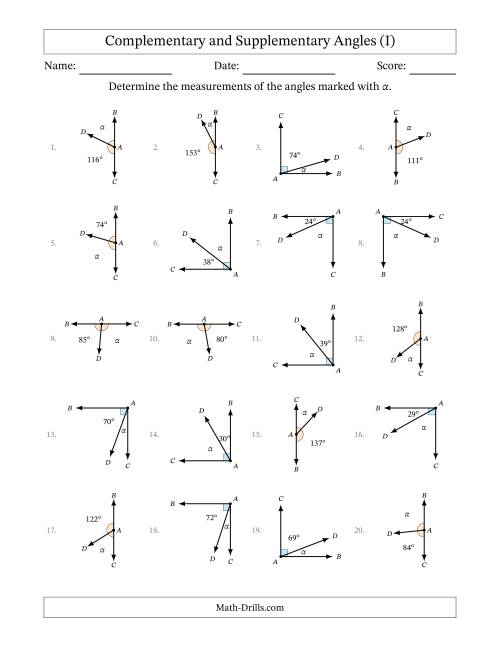The Complementary and Supplementary Angle Relationships with Rotated Diagrams (I) Math Worksheet