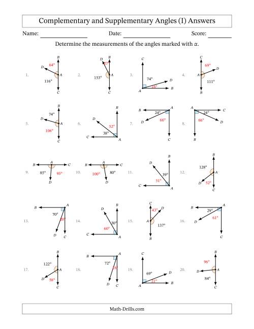 The Complementary and Supplementary Angle Relationships with Rotated Diagrams (I) Math Worksheet Page 2
