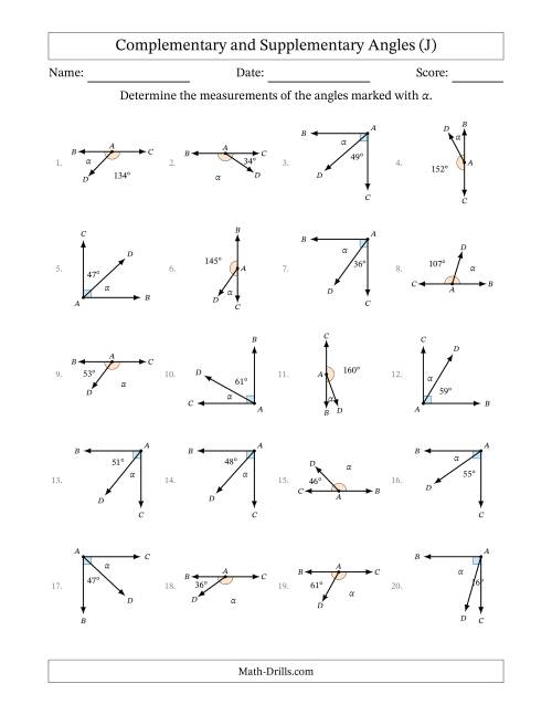 The Complementary and Supplementary Angle Relationships with Rotated Diagrams (J) Math Worksheet