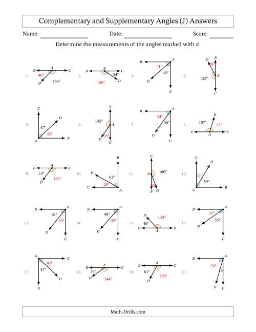 The Complementary and Supplementary Angle Relationships with Rotated Diagrams (J) Math Worksheet Page 2