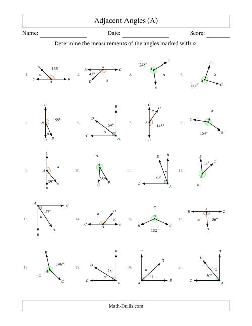 The Complementary, Supplementary and Explementary Angle Relationships with Rotated Diagrams (A) Math Worksheet