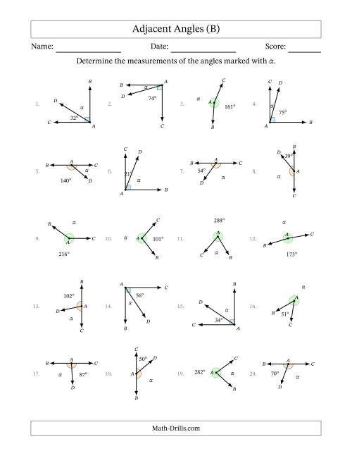The Complementary, Supplementary and Explementary Angle Relationships with Rotated Diagrams (B) Math Worksheet