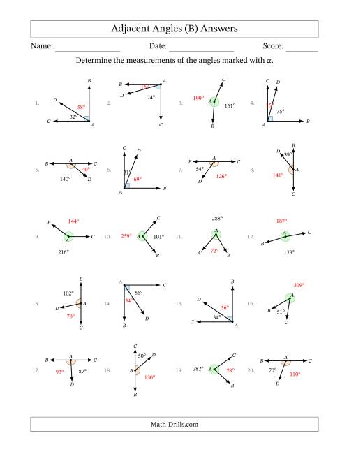 The Complementary, Supplementary and Explementary Angle Relationships with Rotated Diagrams (B) Math Worksheet Page 2