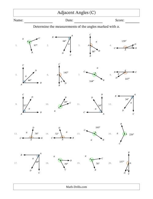 The Complementary, Supplementary and Explementary Angle Relationships with Rotated Diagrams (C) Math Worksheet