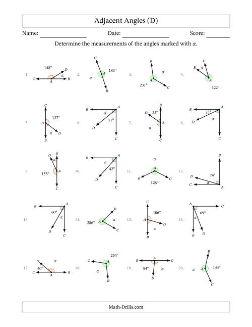 The Complementary, Supplementary and Explementary Angle Relationships with Rotated Diagrams (D) Math Worksheet