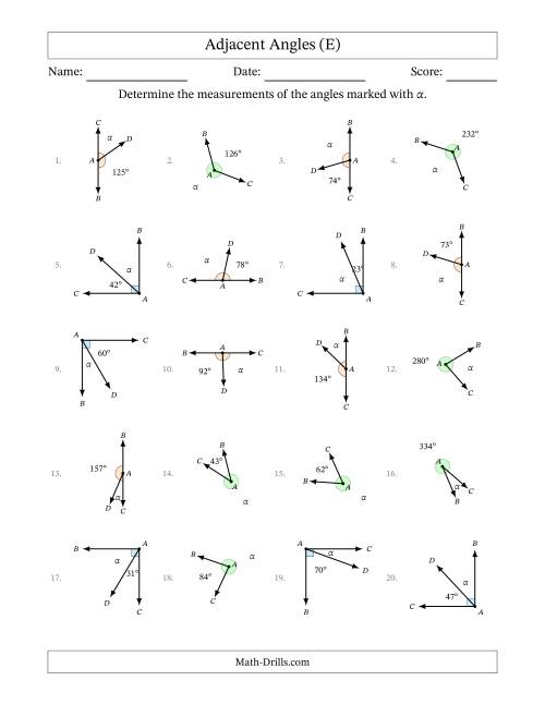 The Complementary, Supplementary and Explementary Angle Relationships with Rotated Diagrams (E) Math Worksheet