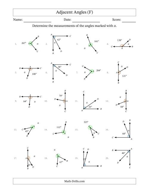 The Complementary, Supplementary and Explementary Angle Relationships with Rotated Diagrams (F) Math Worksheet