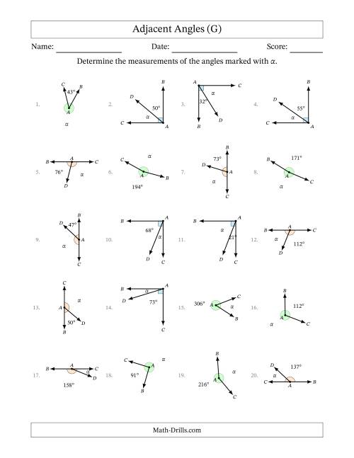 The Complementary, Supplementary and Explementary Angle Relationships with Rotated Diagrams (G) Math Worksheet
