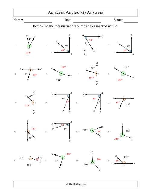 The Complementary, Supplementary and Explementary Angle Relationships with Rotated Diagrams (G) Math Worksheet Page 2
