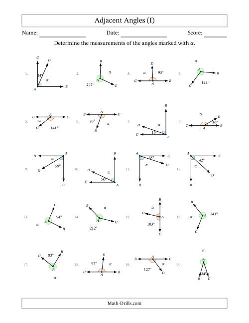 The Complementary, Supplementary and Explementary Angle Relationships with Rotated Diagrams (I) Math Worksheet
