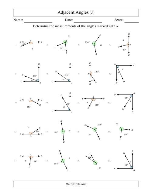 The Complementary, Supplementary and Explementary Angle Relationships with Rotated Diagrams (J) Math Worksheet