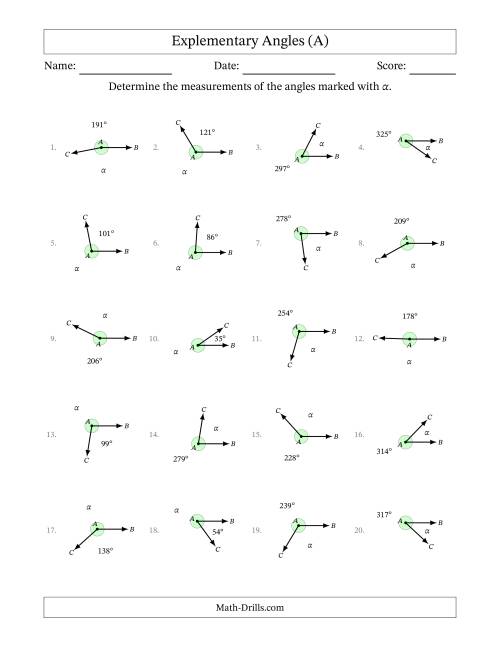 The Explementary Angle Relationships (A) Math Worksheet