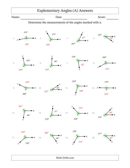 The Explementary Angle Relationships (A) Math Worksheet Page 2