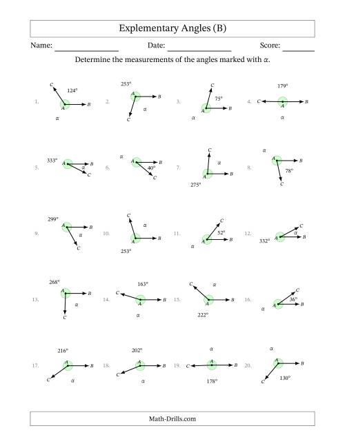 The Explementary Angle Relationships (B) Math Worksheet