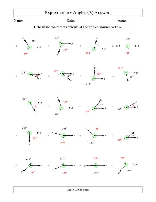 The Explementary Angle Relationships (B) Math Worksheet Page 2