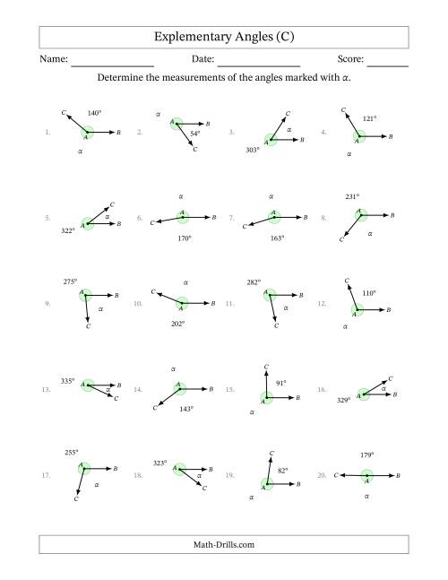 The Explementary Angle Relationships (C) Math Worksheet