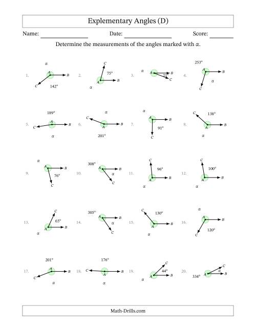 The Explementary Angle Relationships (D) Math Worksheet