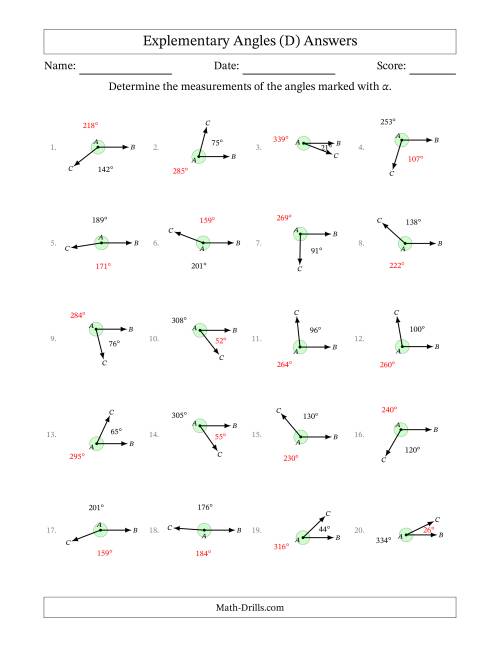 The Explementary Angle Relationships (D) Math Worksheet Page 2