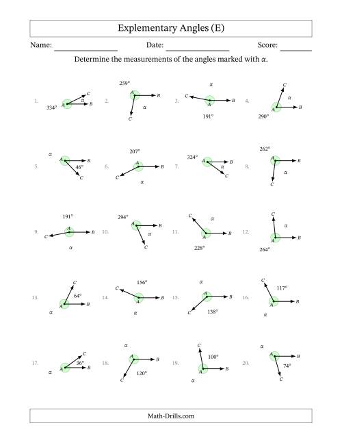 The Explementary Angle Relationships (E) Math Worksheet