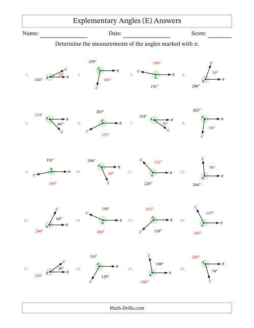 The Explementary Angle Relationships (E) Math Worksheet Page 2