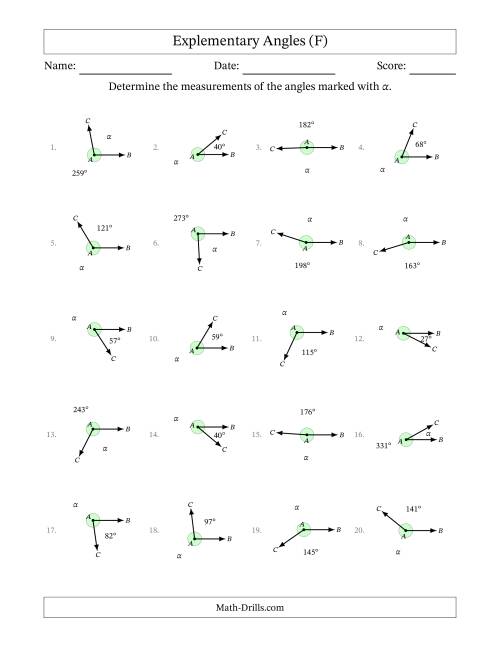 The Explementary Angle Relationships (F) Math Worksheet