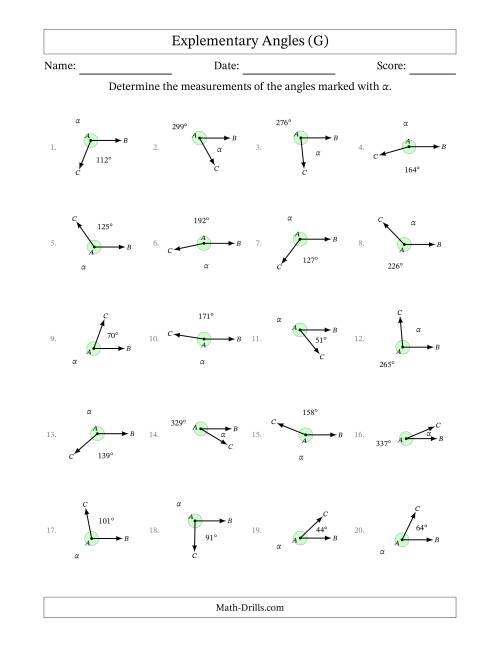 The Explementary Angle Relationships (G) Math Worksheet