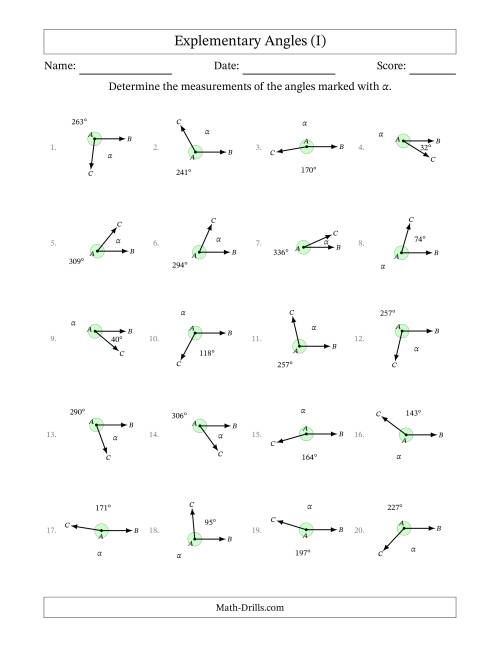The Explementary Angle Relationships (I) Math Worksheet
