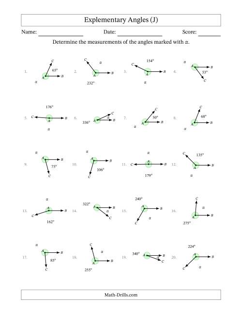 The Explementary Angle Relationships (J) Math Worksheet