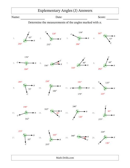 The Explementary Angle Relationships (J) Math Worksheet Page 2