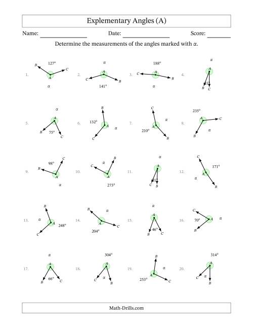 The Explementary Angle Relationships with Rotated Diagrams (A) Math Worksheet