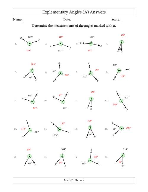 The Explementary Angle Relationships with Rotated Diagrams (A) Math Worksheet Page 2