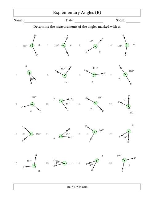 The Explementary Angle Relationships with Rotated Diagrams (B) Math Worksheet