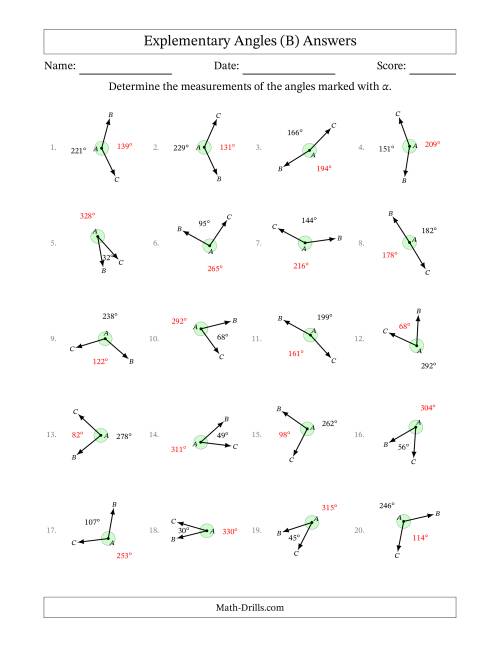 The Explementary Angle Relationships with Rotated Diagrams (B) Math Worksheet Page 2