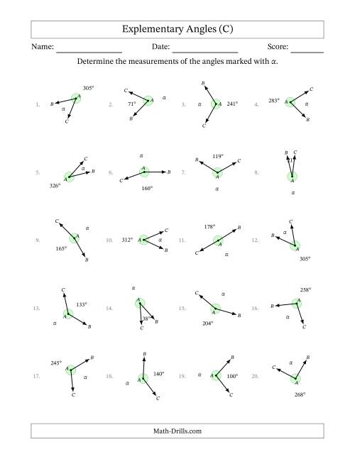 The Explementary Angle Relationships with Rotated Diagrams (C) Math Worksheet
