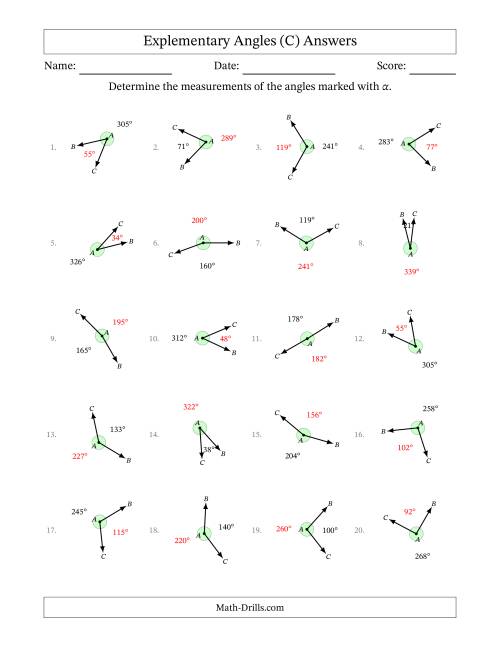The Explementary Angle Relationships with Rotated Diagrams (C) Math Worksheet Page 2