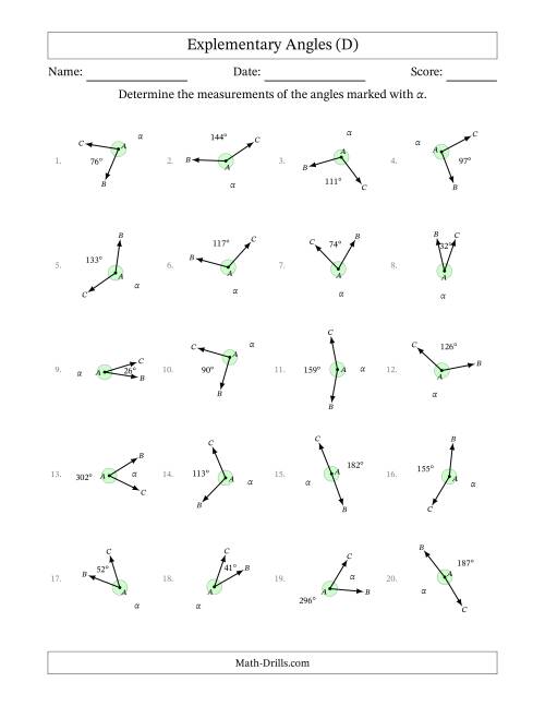 The Explementary Angle Relationships with Rotated Diagrams (D) Math Worksheet