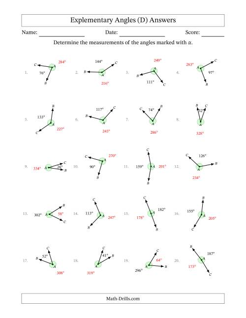 The Explementary Angle Relationships with Rotated Diagrams (D) Math Worksheet Page 2