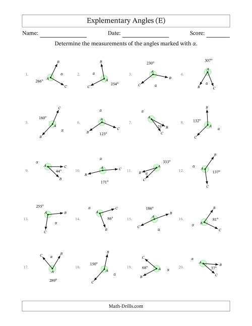 The Explementary Angle Relationships with Rotated Diagrams (E) Math Worksheet