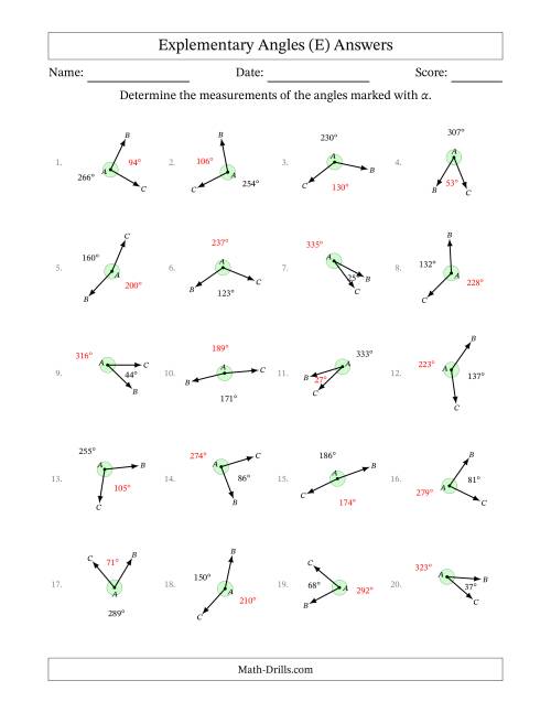 The Explementary Angle Relationships with Rotated Diagrams (E) Math Worksheet Page 2