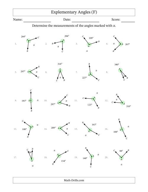 The Explementary Angle Relationships with Rotated Diagrams (F) Math Worksheet