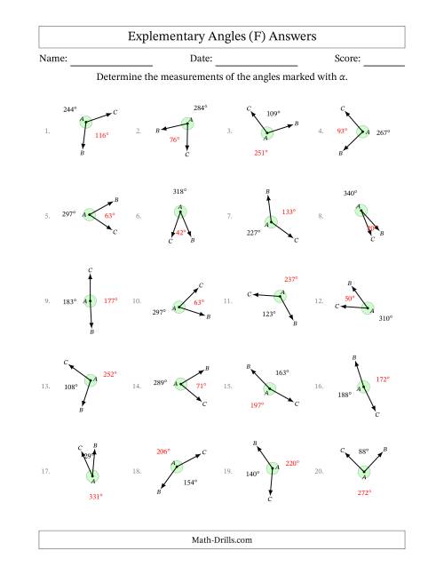 The Explementary Angle Relationships with Rotated Diagrams (F) Math Worksheet Page 2