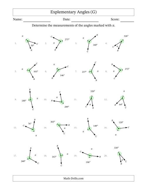 The Explementary Angle Relationships with Rotated Diagrams (G) Math Worksheet