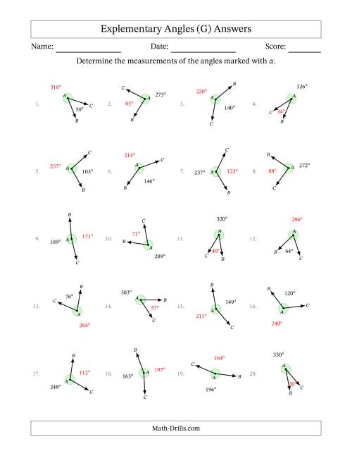 The Explementary Angle Relationships with Rotated Diagrams (G) Math Worksheet Page 2