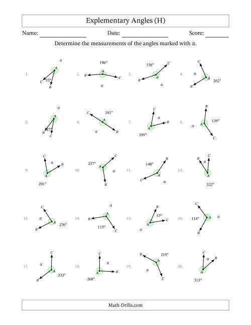 The Explementary Angle Relationships with Rotated Diagrams (H) Math Worksheet