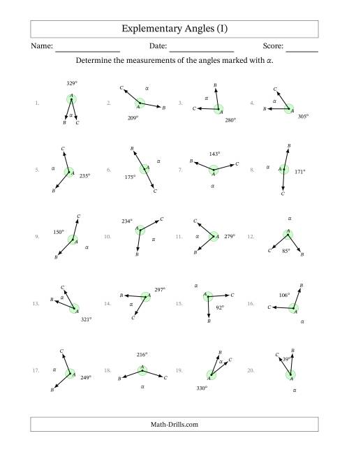 The Explementary Angle Relationships with Rotated Diagrams (I) Math Worksheet