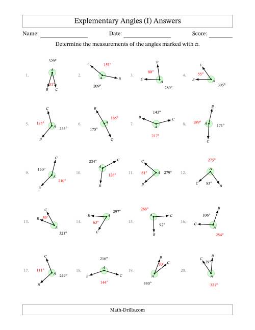 The Explementary Angle Relationships with Rotated Diagrams (I) Math Worksheet Page 2