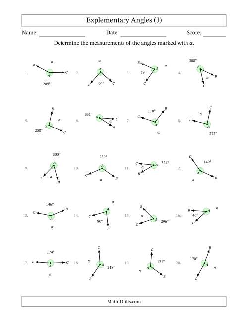 The Explementary Angle Relationships with Rotated Diagrams (J) Math Worksheet
