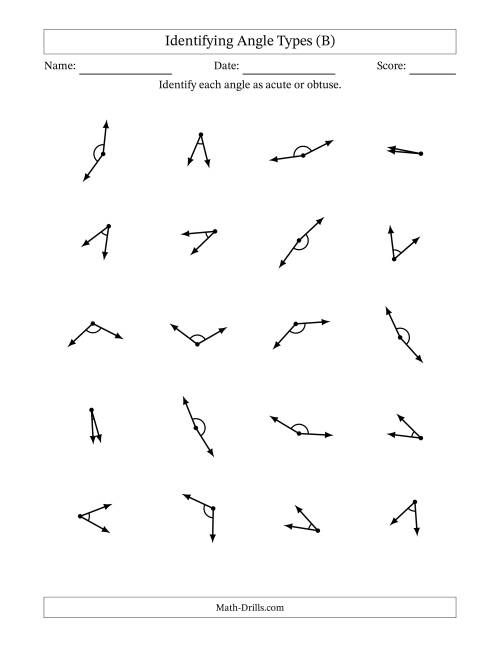 The Identifying Acute And Obtuse Angles With Angle Marks (B) Math Worksheet