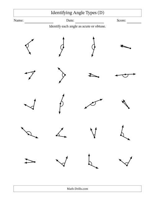 The Identifying Acute And Obtuse Angles With Angle Marks (D) Math Worksheet